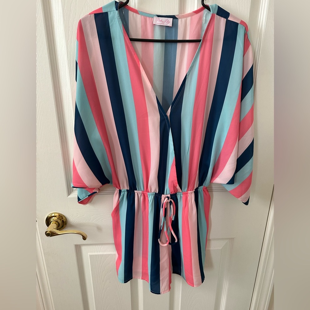 Striped romper, low v-neck